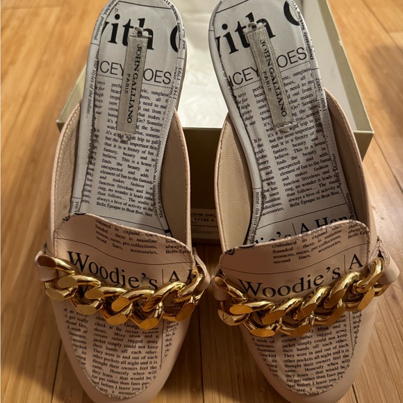John Galliano Chain Mules, Nude color with newspaper print pattern, Size 36 - Picture 5 of 13